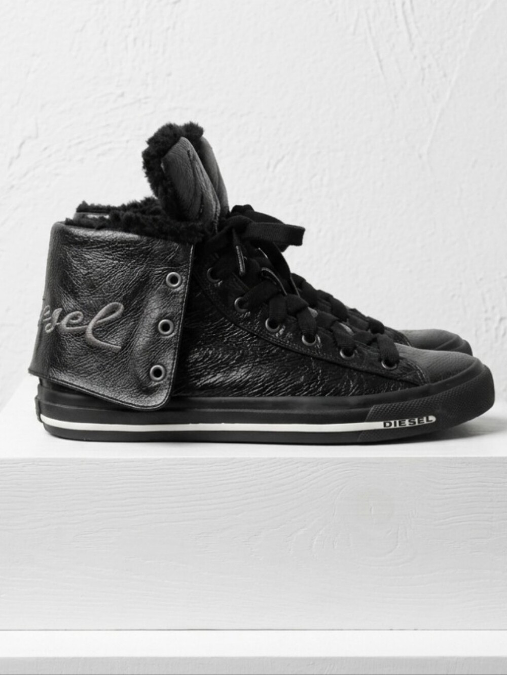 Leather Diesel Magnete Exposure Fur Lined Y2K Black High Top Fold Over Size 37